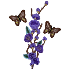 Aufnäher-Set zum Aufbügeln, Blüten, Blumenzweig, Schmetterling, Lila
