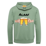 Bier Glazen Bierpull Alaaf Tekst Full Color Strijk Applicatie Small samen met de grotere variant op een groene hoodie