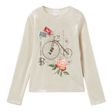 Fiets Post Card Vintage Briefkaart Strijk Applicatie op een witte sweater met glans