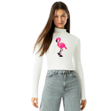 Flamingo Paillette XXL Strijk Embleem Patch op een witte longsleeve