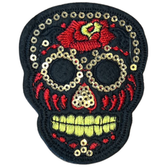 Sugar Skull Totenkopf-Emblem zum Aufnähen, Schwarz