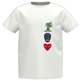 Hart Hartje Oogjes Strijk Embleem Patch Rood samen met een skull en palmboom strijk patch op een klein wit t-shirt 