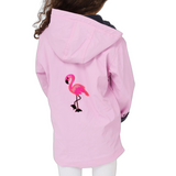 Flamingo Paillette XXL Strijk Embleem Patch op de achterzijde van een roze jas