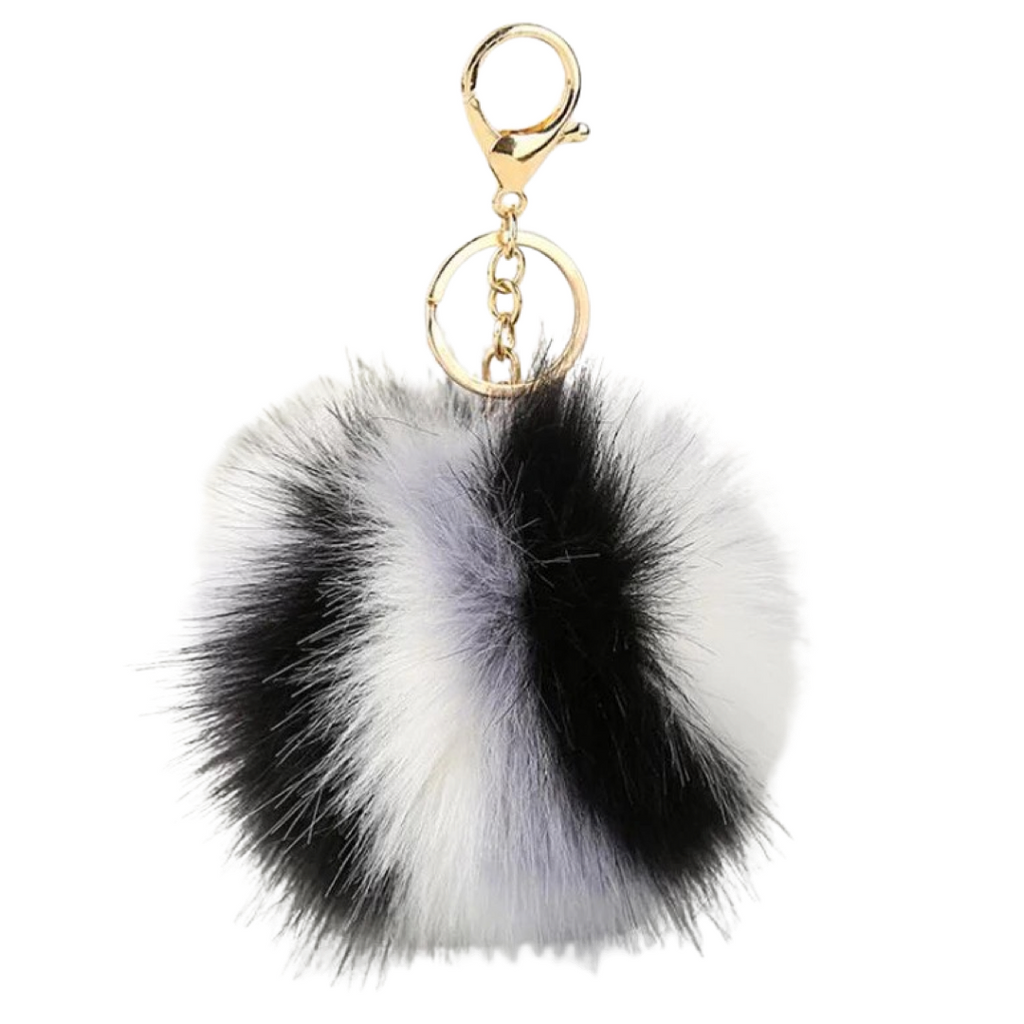 Sleutelhanger Pom Fluffy Tas Keychain Zwart Grijs Wit