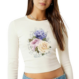 Bloem Hortensia Roos Pioen Full Color Strijk Applicatie op een witte longsleeve