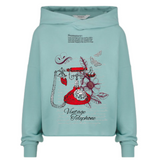 Telefoon Vintage Telephone Strijk Applicatie Rood op een groen blauwe sweater