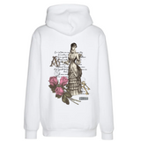 Vintage Lady Strijk Applicatie op de rugzijde van een witte hoodie