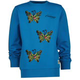 Drie maal de Vlinder Strijk Embleem Patch Artistiek Geel Large op een blauwe sweater