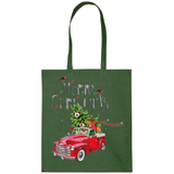 Kerst Merry Christmas Auto Kerstboom Teckel Strijk Applicatie op een groene canvas tas