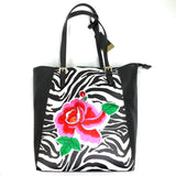 Roze Pioen Roos Bloem XL Strijk Embleem Patch op een tas met zebra print