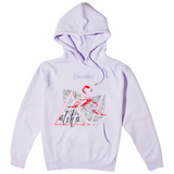 Flamingo Aloha Tekst Strijk Applicatie op een lila hoodie