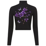 Magnolia Bloesem Vlinder Strijk Patch Set Paars 3 Patches op een zwarte longsleeve