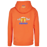 Bier Glazen Bierpull Proost Tekst Full Color Strijk Applicatie Large samen met de kleinere variant op de rugzijde en capuchon van een oranje hoodie 