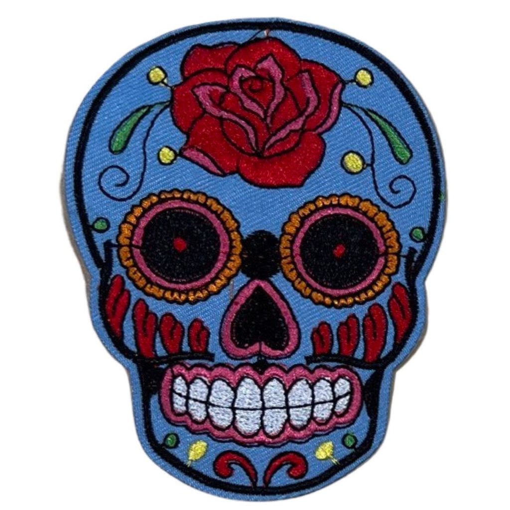 Sugar Skull Schedel Strijk Embleem Patch Lichtblauw