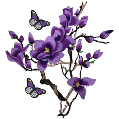 Magnolienblüten-Schmetterlings-Aufnäher-Set zum Aufbügeln, Lila, 3 Aufnäher