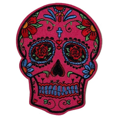 Sugar Skull Totenkopf-Emblem-Aufnäher zum Aufbügeln, dunkelrosa