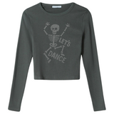 Skelet Geraamte Let's Dance Tekst Strass Applicatie op een groen grijze longsleeve