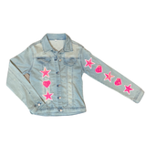 Ster Sterren Strijk Embleem Patch Set Glitter Roze 5 sterren samen met drie glitter paillette hartjes strijk patches op een licht blauw spijkerjasje