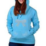 De grote en de twee kleinste strikjes van de Strik Strikken Bow Strass Strijk Applicatie op een blauwe hoodie