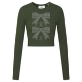 Strik Strikken Bow Strass Strijk Applicatie op een groene longsleeve