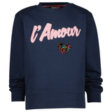 Hart Love Peace Tekst Flower Power Strijk Embleem Patch op een blauwe sweater met l'amour tekst