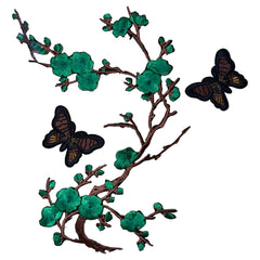 Blühendes Blumen- und Schmetterlings-Emblem-Patch-Set zum Aufbügeln, Grün, Braun