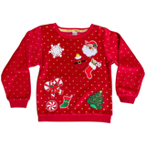 Kerst Snoep Zuurtje Strijk Embleem Patch Rood samen met zeven andere kerst strijk patches op een rode sweater