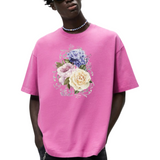 Bloem Hortensia Roos Pioen Full Color Strijk Applicatie op een roze t-shirt