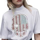 Doodskop Skull Strijk Strass-steentjes Applicatie Metaal Look op een wit t-shirt