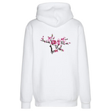 Magnolia Bloesem tak Opnaai Embleem Patch Rechts op de rugzijde van een witte hoodie