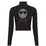 Smiley Zonnebril Sun Shine Tekst Strass Strijk Applicatie op een zwarte longsleeve