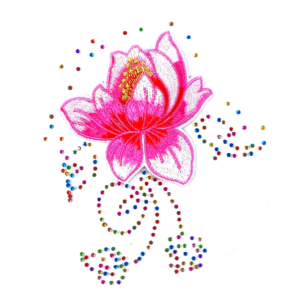 Roze Lelie Strijk Patch Met Gekleurde Rhinestone Strass Steentjes Strijk Applicatie