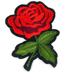 Logo-Aufnäher mit kleiner Rosenblume am Stiel und zum Aufbügeln