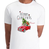 Kerst Merry Christmas Auto Kerstboom Teckel Strijk Applicatie op een wit t-shirt