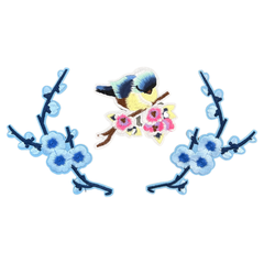 Blühendes Blumenvogel-Emblem-Patch-Set zum Aufbügeln, Blau