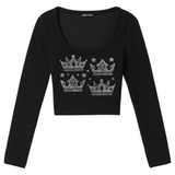 Kroon Kronen Strass Strijk Applicatie op een zwarte longsleeve