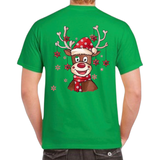 Rendier Rudolph Reindeer Kerstmuts Sjaal Strijk Applicatie op de rugzijde van een groen t-shirt