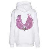 Vleugel Engel Paillette Vleugels XXL Strijk Embleem Patch Set L+R Roze samen met een paillette zilverkleurige ster patch  op de rugzijde van een witte hoodie