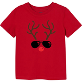 Kerst Rendier Rudolph Red Nosed Reindeer Strijk Applicatie op een rood t-shirt