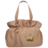 Kroon Paillette Strijk Embleem Patch Goud Beige op een beige handtas