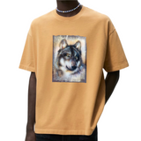 Wolf Wolven Kop Strijk Applicatie Grijs Beige op een mosterd geel t-shirt