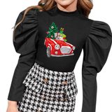 Kerst Merry Christmas Happy New Year Strijk Applicatie op een zwarte blouse