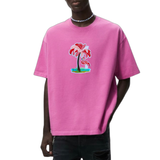 Palmboom Oase Flamingo XL Strijk Embleem Patch op een roze t-shirt