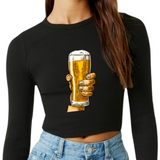 Bier Bierglas In Hand Full Color Strijk Applicatie Large op een zwartte longsleeve