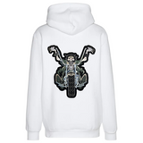 Skelet Motor XXL Biker Strijk Embleem Patch op de rugzijde van een witte hoodie