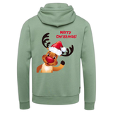 Rendier Merry Christmas Everybody Strijk Applicatie op de rugzijde van een groene Hoodie