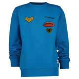 Mond Pailletten Rode Lippen Strijk Embleem Patch samen met een diamant en rangstrepen strijk patch op een blauwe sweater