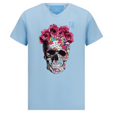 Doodskop Skull Bloemen XXL Full Color Strijk Applicatie op een lichtblauw t-shirt