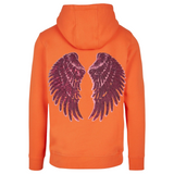 Vleugel Engel Paillette Vleugels XXL Strijk Embleem Patch Set Rood op de rugzijde van een oranje hoodie