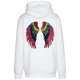 Vleugel Papegaai Ara Paillette Strijk Embleem Patch Set op de rugzijde van een witte hoodie